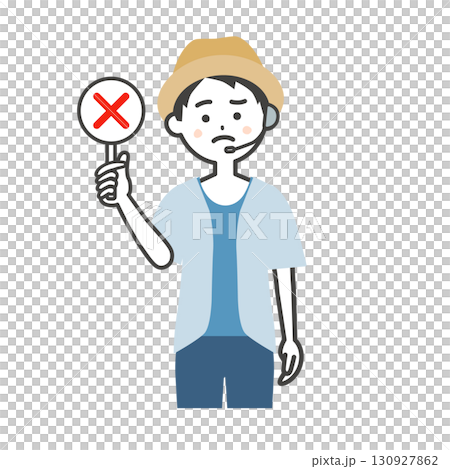 Illustration of a male host of a summer outdoor event holding an incorrect answer card 130927862