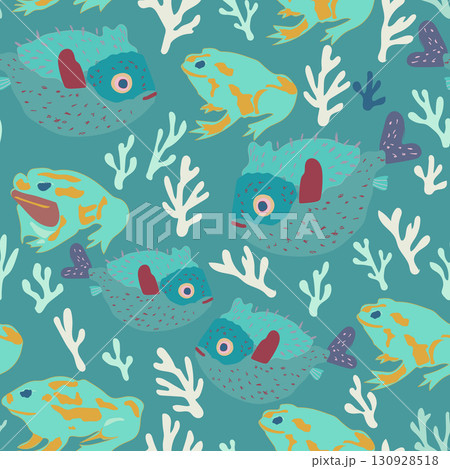 Sea animals seamless pattern. Porcupine fish and Cane toad vector background. Vector illustration 130928518