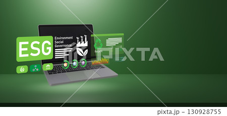 Laptop with ESG environment social governance icons, sustainable business and green technology concept 130928755