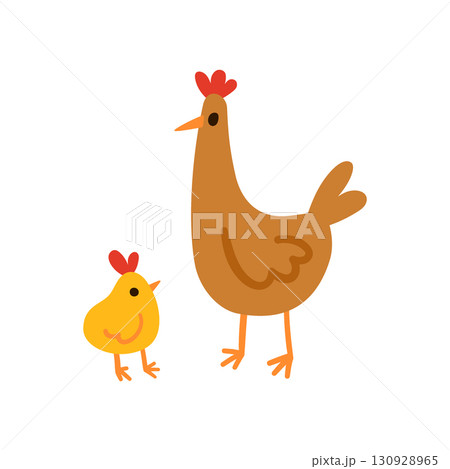 Brown hen standing with a yellow chick simple flat illustration isolated on white. Domestic birds with red combs and orange beaks. Great for kids content, nursery prints, farm and animal designs 130928965