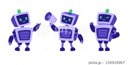 Set of adorable AI robot characters in different poses. Friendly artificial intelligence, virtual assistant services, and modern technology with a personal touch 130928967
