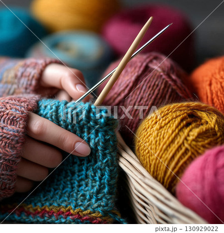 Hands Knitting a Colorful Scarf with Wool Yarn 130929022