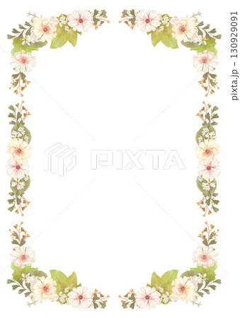 水彩で描いた白い花のフレーム縦/ボタニカルでエレガントなデザイン・便箋や招待状に使える背景イラスト 130929091