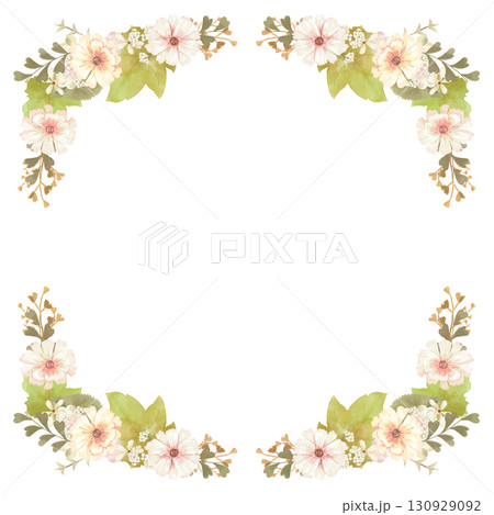 水彩で描いた白い花のフレーム/ボタニカルでエレガントなデザイン・便箋や招待状に使える背景イラスト 130929092