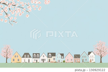 桜の咲く春の住宅街イラストと青空背景のメッセージカード 130929122