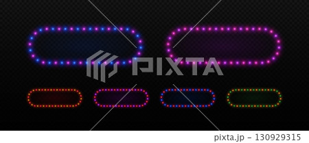 Light neon frame with bulbs. Rectangle retro border having led glow of lamps. Vector set of elements for cinema, casino and party advertising. 130929315