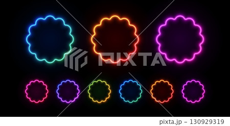 Circle neon light wavy frame. Round scallop border stickers with led glow. Vector set of laser badges in blue, purple, and red. 130929319