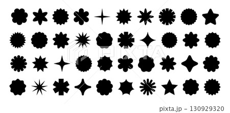 Star shape stickers. Starburst round badge. Circle sign for discount and offer design. Vector y2k elements with scallop and zig zag. Star shape stickers. Starburst round badge. Circle sign for discount and offer design. Vector y2k elements with scallop and zig zag. 130929320
