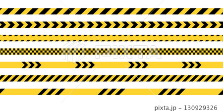 Yellow caution tape danger. Safety line used by police and construction workers. Set of vector horizontal warning stripes. Yellow caution tape danger. Safety line used by police and construction workers. Set of vector horizontal warning stripes. 130929326
