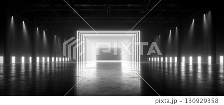 Futuristic LED corridor with glowing portal 130929358