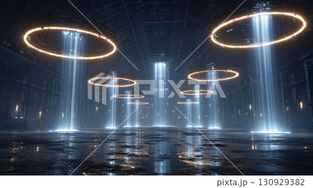 Glowing Sci-Fi Portal Room with Floating Particles 130929382