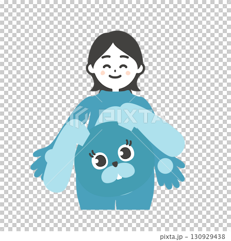 Illustration of a woman holding the head of a removed costume 130929438