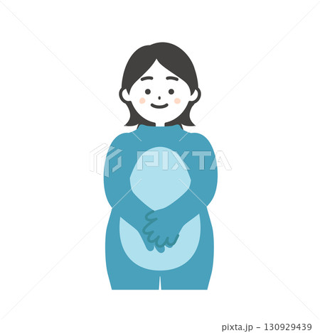 着ぐるみの頭を脱いで手を前で組む女性イラスト 130929439