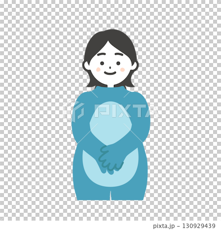 着ぐるみの頭を脱いで手を前で組む女性イラスト 130929439