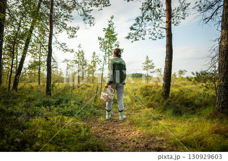 Rearview of hiker woman with backpack forage mushrooms in pine forest on trail reaching sunny edge 130929603