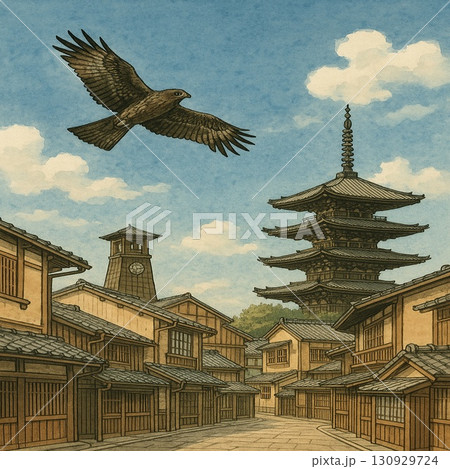 古都　五重塔と舞う鳥　Generative AI 130929724