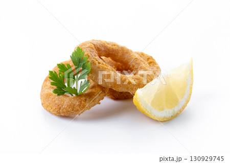 Crispy fried squid rings isolated on white background 130929745
