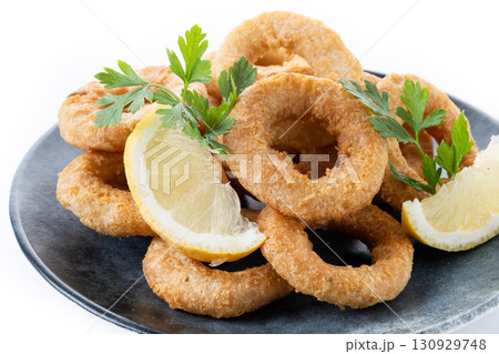 Crispy fried squid rings isolated on white background 130929748