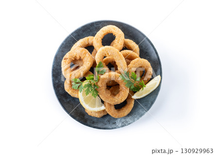 Crispy fried squid rings isolated on white background Crispy fried squid rings isolated on white background 130929963