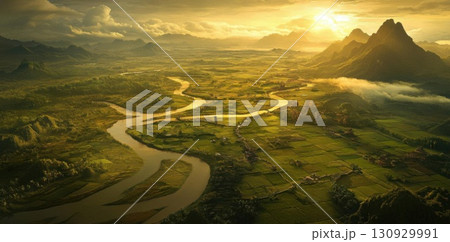River valley sunset landscape. 130929991