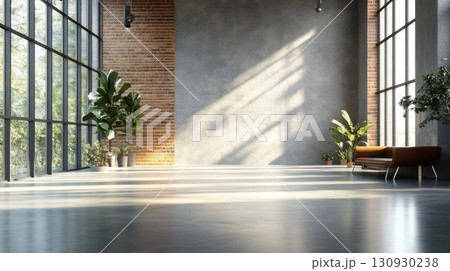 Sunlit Industrial Loft Interior. 130930238
