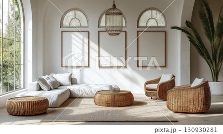 Sunny Living Room with Rattan Decor. 130930281