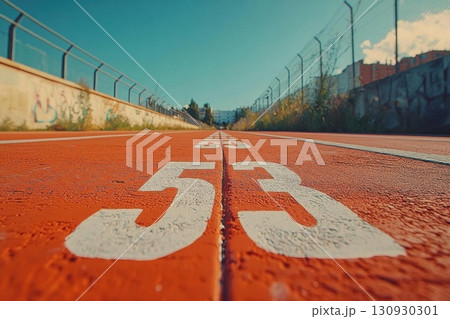 Urban Running Track with 50m Mark, and Cityscape. 130930301