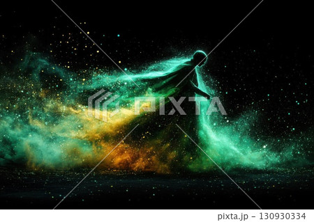 Woman Stardust Trail with Fantasy, Green, and Gold. Woman Stardust Trail with Fantasy, Green, and Gold. 130930334