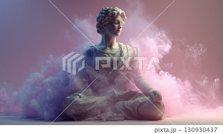 Greek bust statue in serene yoga pose surrounded by vibrant pink and purple smoke 130930437