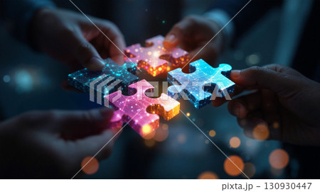 Team collaborates to connect vibrant puzzles featuring blooming elements during a creative session 130930447