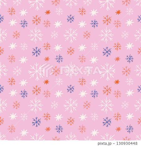Pink whimsical Christmas pattern with snowflakes in doodle style 130930448