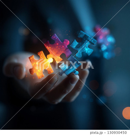 Team collaborates to connect colorful puzzles that represent blooming ideas in a creative workspace 130930450