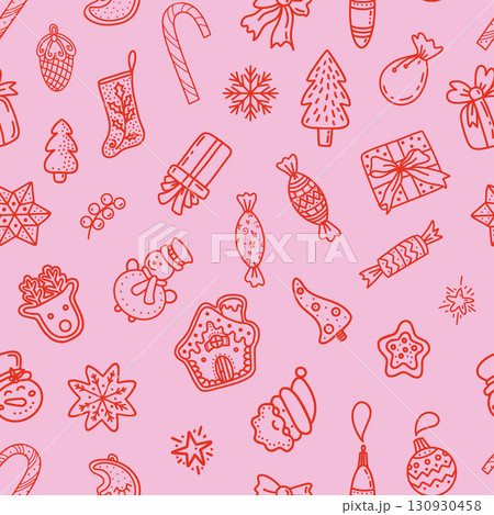 Pink and red whimsical hand drawn Christmas pattern with cookies and doodles 130930458