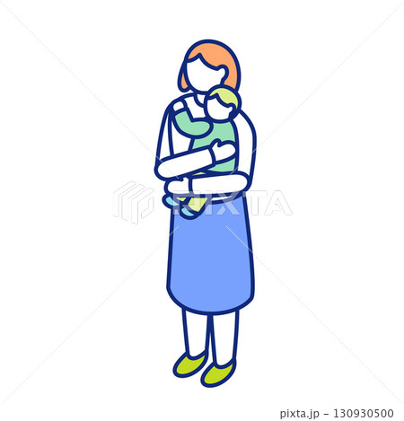 赤ちゃんを抱っこして子育てをしている女性のアイソメトリックイラスト 130930500
