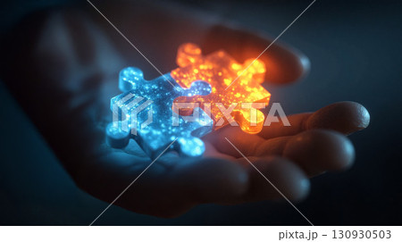 Close-up view of a hand holding glowing puzzle pieces in a dark setting during the evening Close-up view of a hand holding glowing puzzle pieces in a dark setting during the evening 130930503