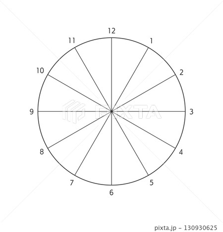 シンプルな数字付きの12分割の円形フレーム - 円グラフや12時間･1年間などの図表のテンプレート 130930625