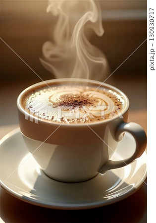 hot coffee on a wooden table 130930717