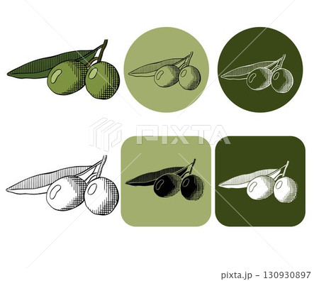 Olive berry branch with green leaves logotype. Vector graphic line ink colored illustration. For poster, flyer, banner, invitation, social media, party or sale For logo, web, package, sticker. 130930897
