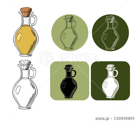 olive oil glass bottle logotype. Vector graphic line ink colored illustration. Organic extra virgin olive oil bottle with label. Sample poster, invitation, holiday banner, postcard. 130930905