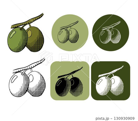Green olives berry branch logotype. Vector graphic line ink colored illustration. For organic product packaging, culinary branding, herbal labels, and botanical design projects. 130930909