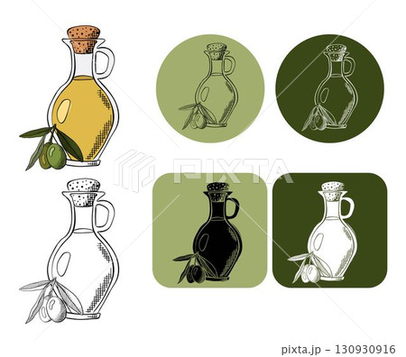 Olive oil bottle berry branch with green leaves logotype. Vector graphic line ink colored illustration. design for fashion graphics, textile prints, fabrics, wallpapers. Banner, poster, 130930916