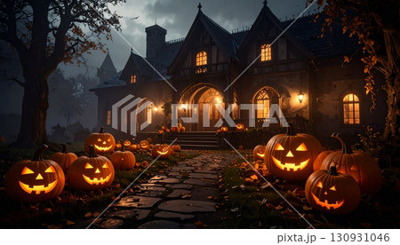 洋館を彩るジャックオーランタンの幻想的な夜景 洋館を彩るジャックオーランタンの幻想的な夜景 130931046