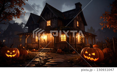 ハロウィンのかぼちゃが灯す不気味な屋敷の風景 130931047