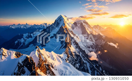 雪を頂く山々と夕暮れの空が織りなす幻想的景観 130931050