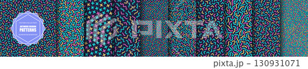 Collection of seamless bright colorful retro patterns. Trendy fashion style 80-90s. Vector backgrounds for print, textile, cover, wallpaper or web design 130931071