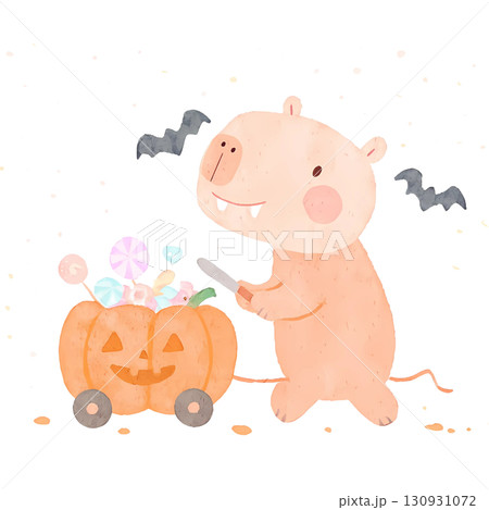 Cute Capybara Halloween Watercolor 130931072