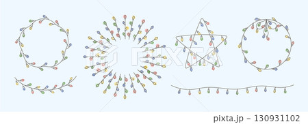 Thin line string festive Christmas, holiday light garland shapes set. Retro minimalist color vector bulbs frames, borders, elements collection. simple retro designs. 130931102