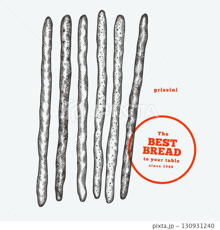 Hand Drawn Vector Grissini Illustration. Not AI Generated. Retro Bakery Isolated Image. Old School Bread Food 130931240