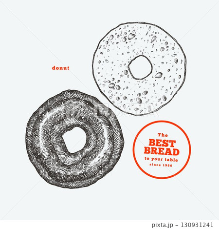 Hand Drawn Vector Bagel Illustration. Not AI Generated. Retro Bakery Isolated Image. Old School Donut Food 130931241