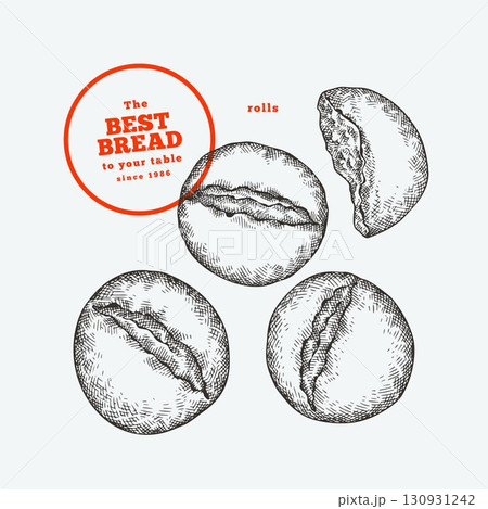 Hand Drawn Vector Buns Illustration. Not AI Generated. Retro Bakery Isolated Image. Old School Bread Food 130931242